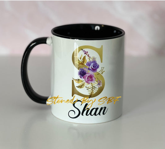 Gold Floral Alphabet w/Purple Watercolor Flowers - Ceramic Mug